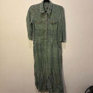 Vintage Green Button-Front Women's Shirt Dress